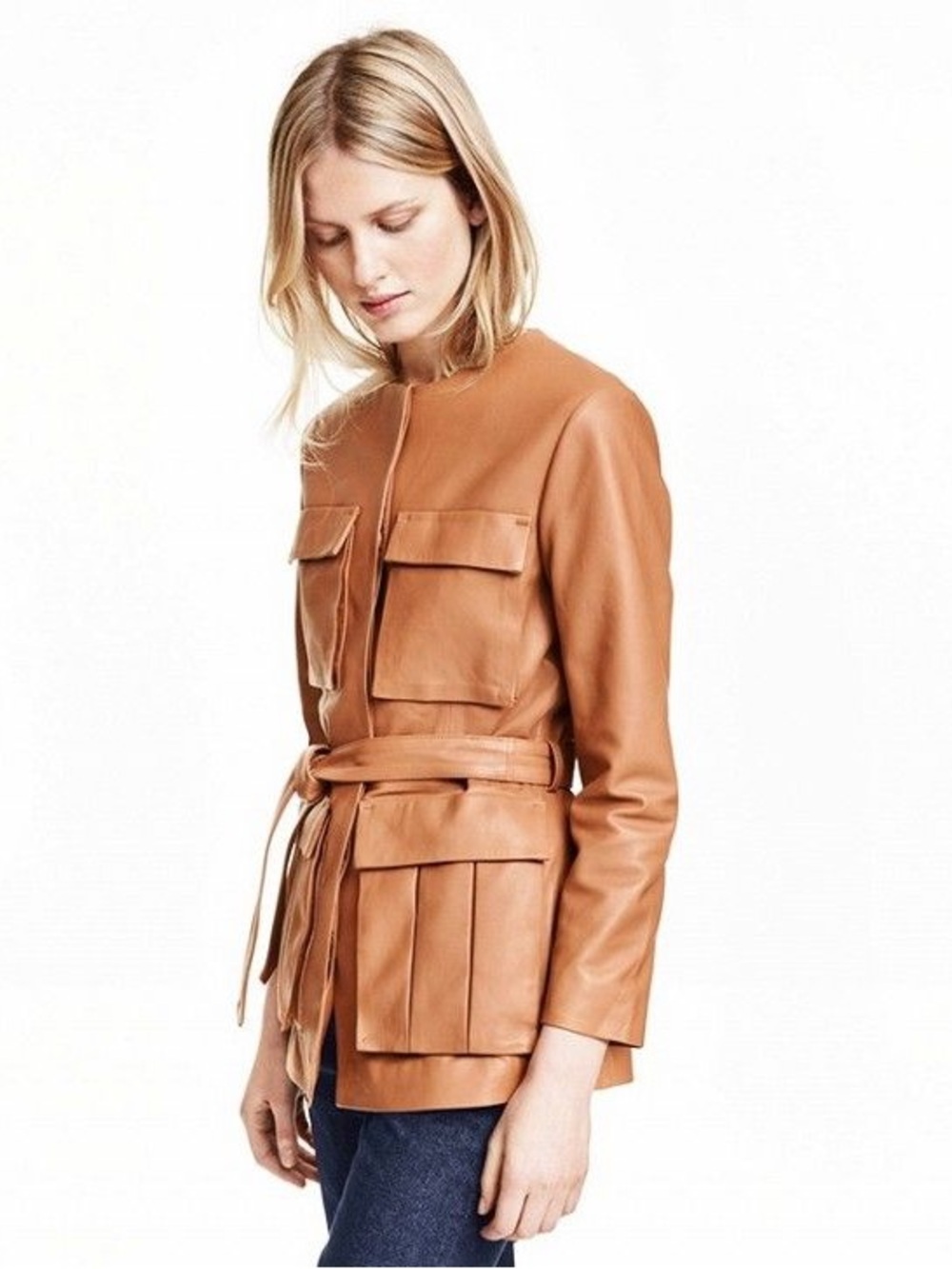 HM Leather Belted Pocket Jacket in Camel Size 2